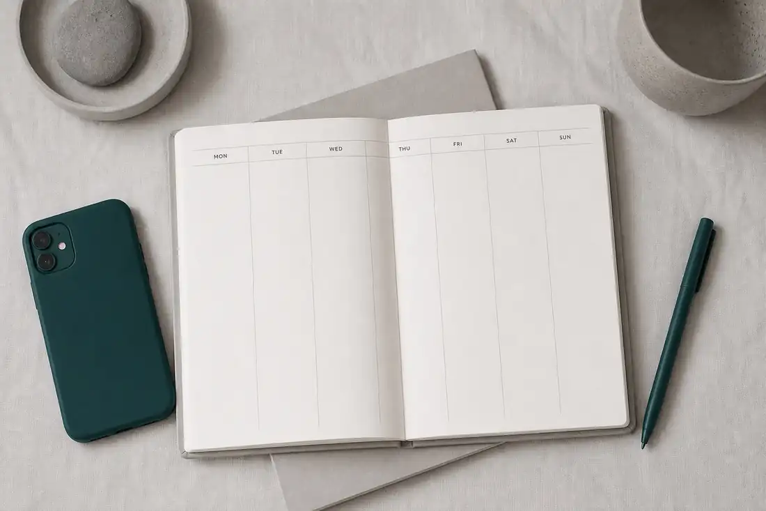 An open weekly planner, Monday through Sunday all empty, a phone lying face down beside it.